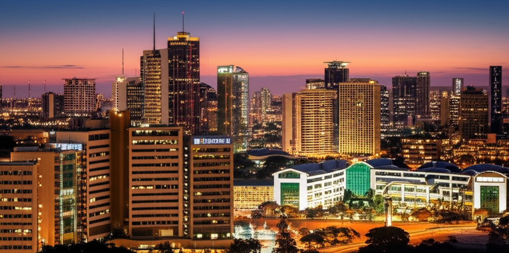 City skyline at dusk from Trek Africa Systems’s existing brand imagery